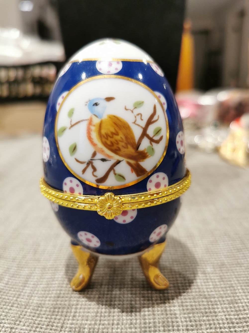 Blue Porcelain Egg Trinket Box with Bird Motif